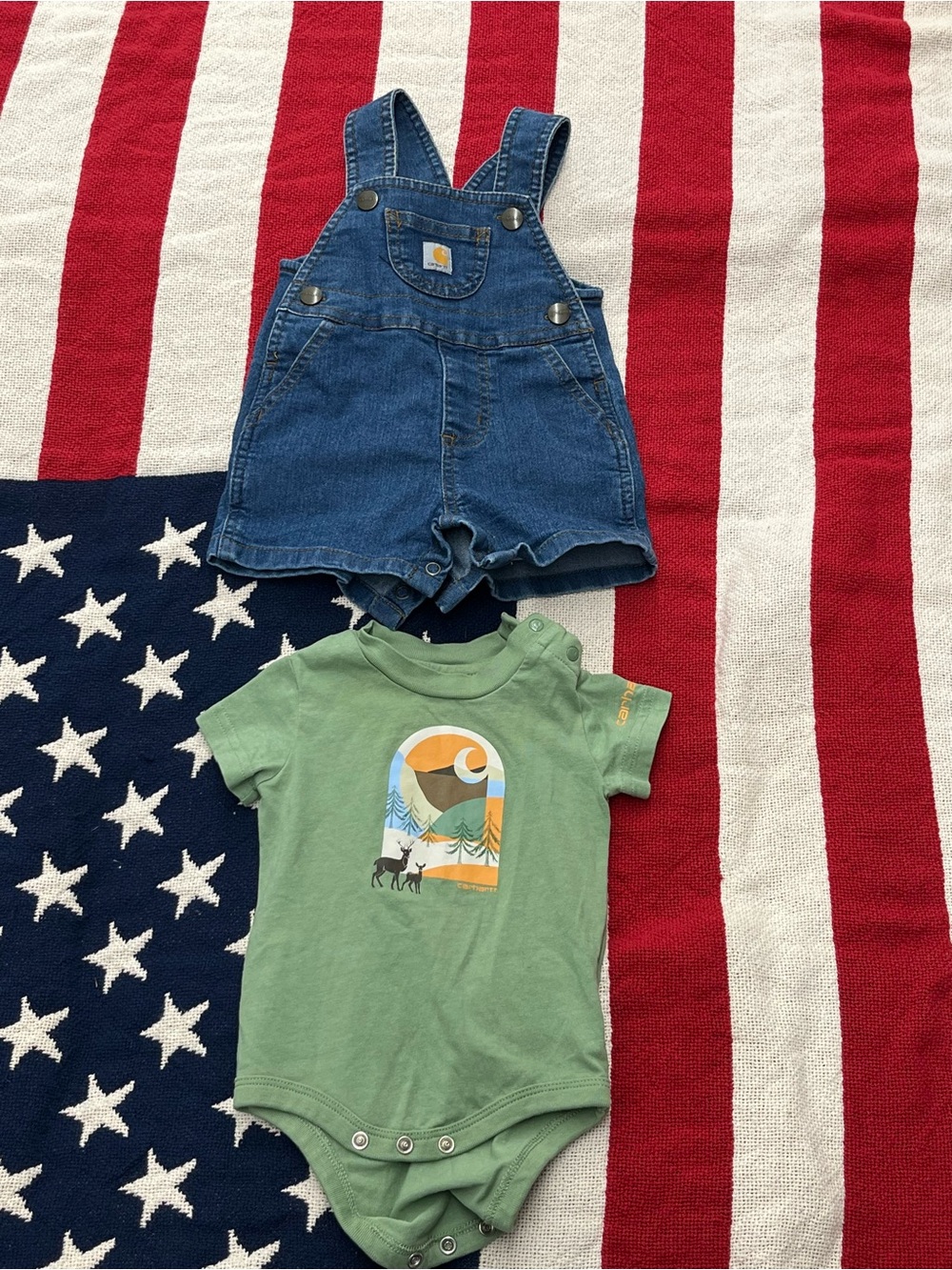 Carhartt Blue Denim Short Overalls with Green Graphic Bodysuit Size 0-3 Months